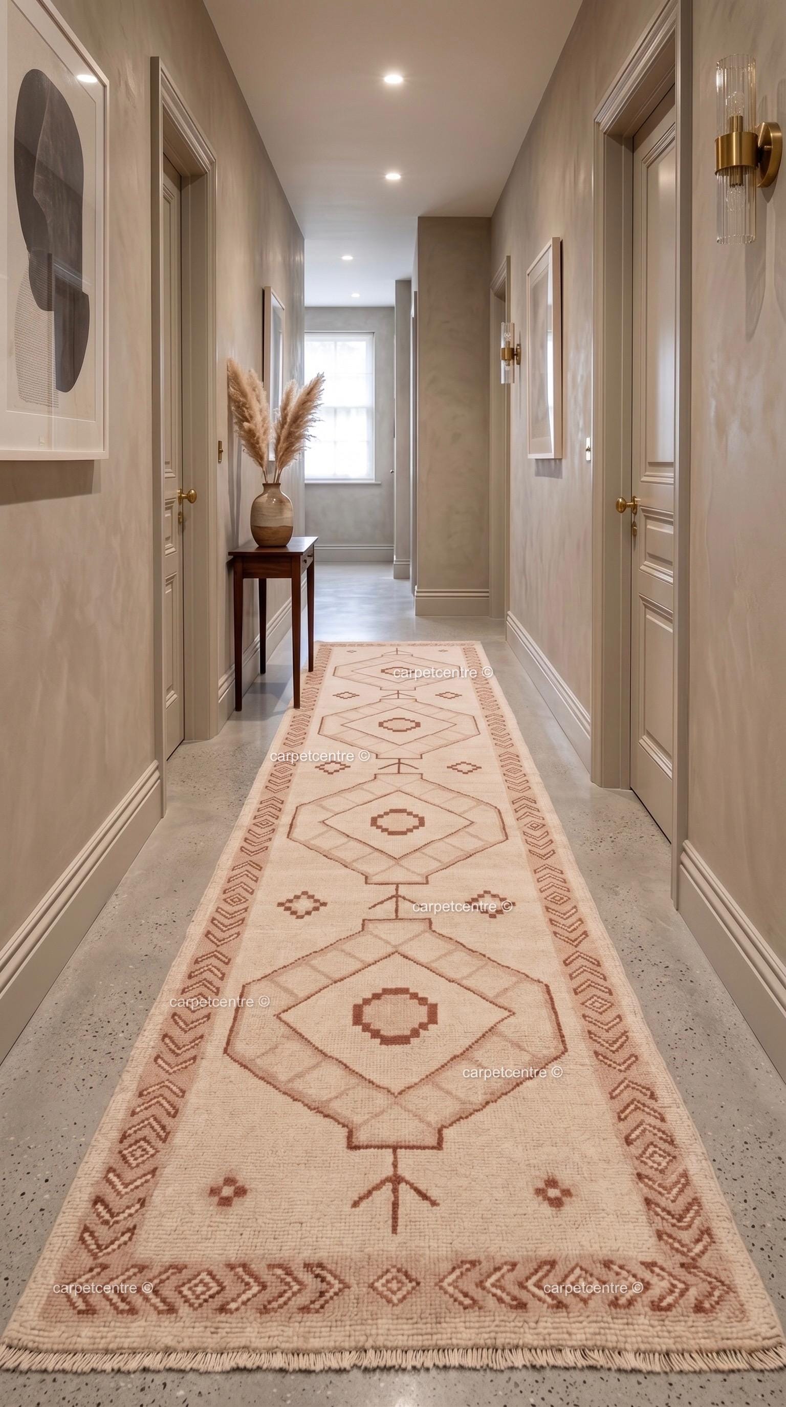Hand-Knotted Wool Oushak Runner Rug, Geometric Medallion Hallway Carpet 3x10