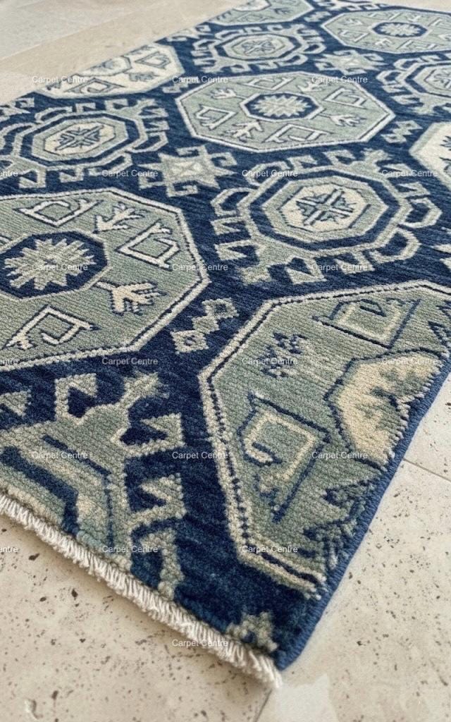 Navy Blue Turkish Oushak Wool Runner Rug, Gray Medallion