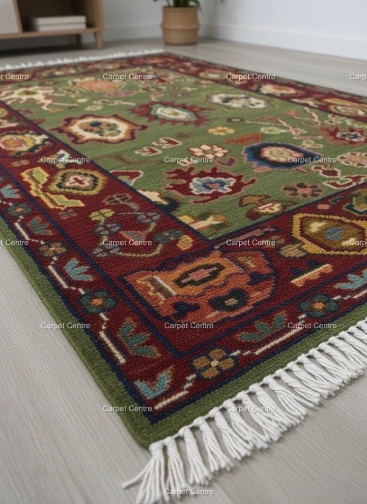 Hand-Knotted Oushak Rug, 100% Handspun Wool, Olive Green, Boho Eclectic