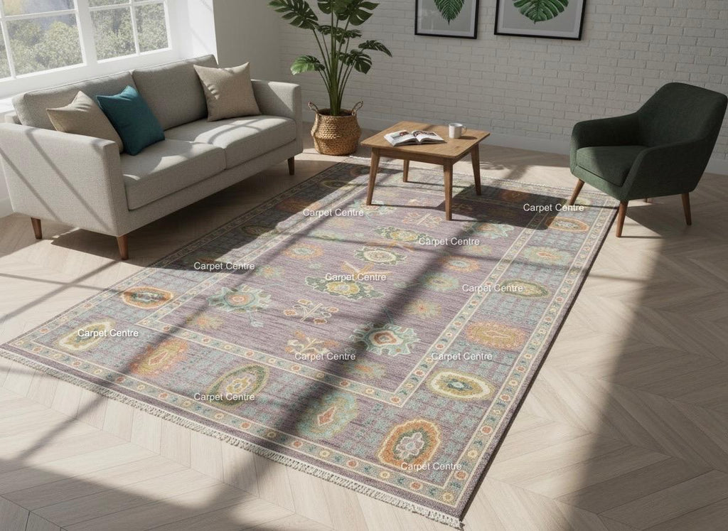 Hand-Knotted Oushak Wool Rug: Lilac Purple Folk Art Medallion