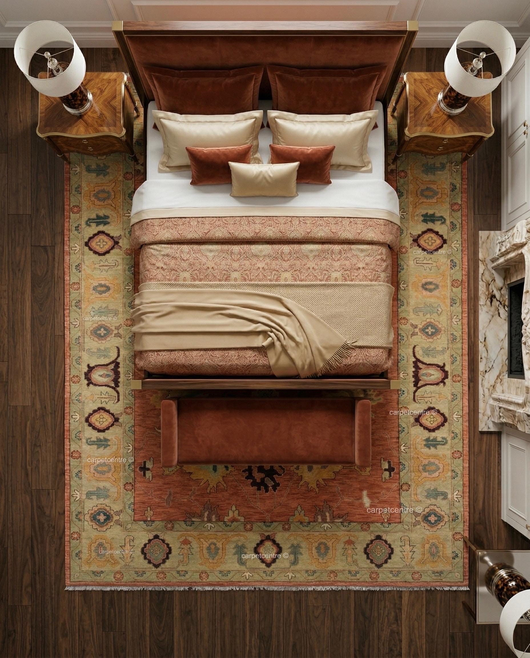 Hand-Knotted Wool Oushak Rug, Terracotta Floral, Sage Green Border, Farmhouse Style