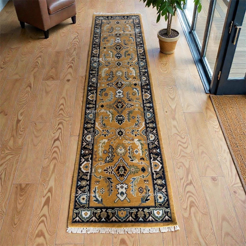 Yellow Oushak Hand-Knotted Wool Runner, Traditional Persian Style Navy Border Rug