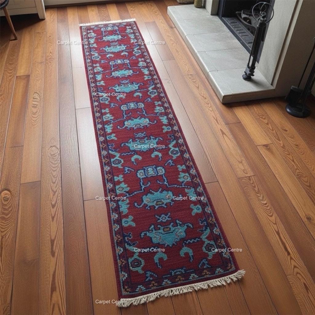Maroon Oushak Runner Rug, Handwoven Wool Teal Tribal Design