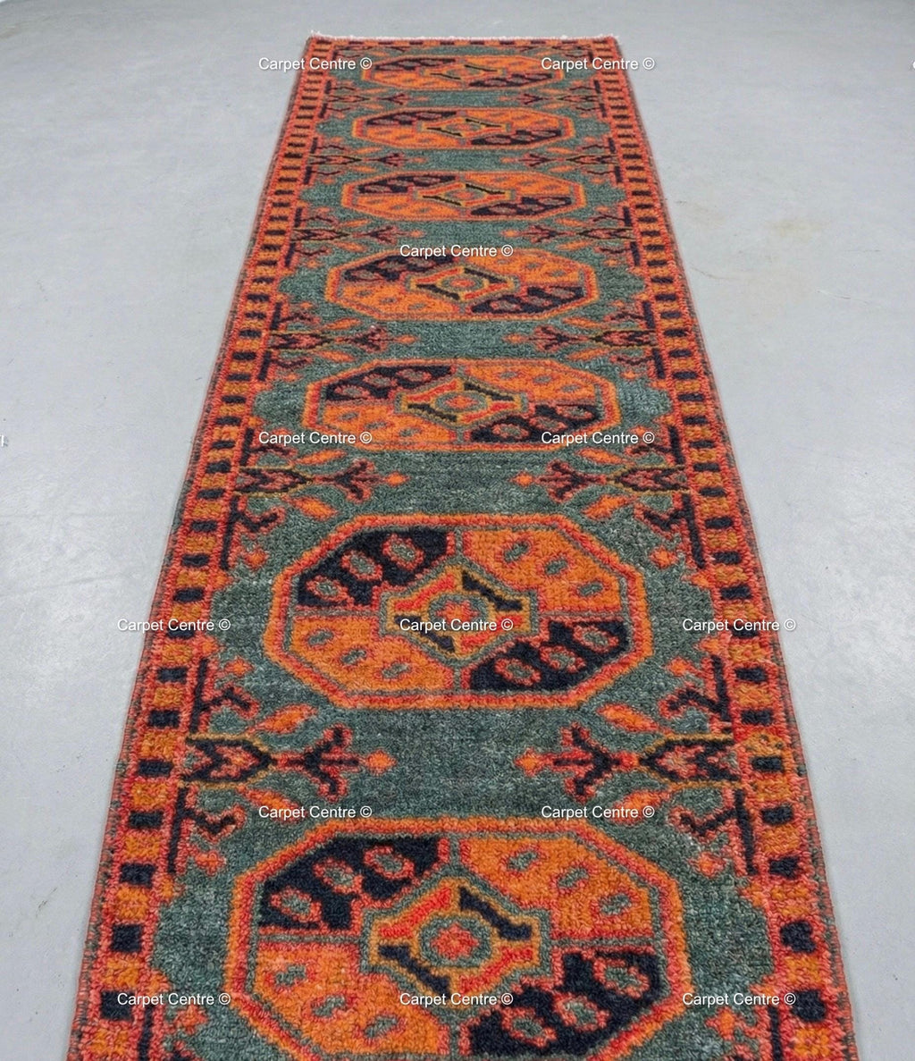 Teal Oushak Wool Runner, Hand Knotted Geometric Hallway Carpet