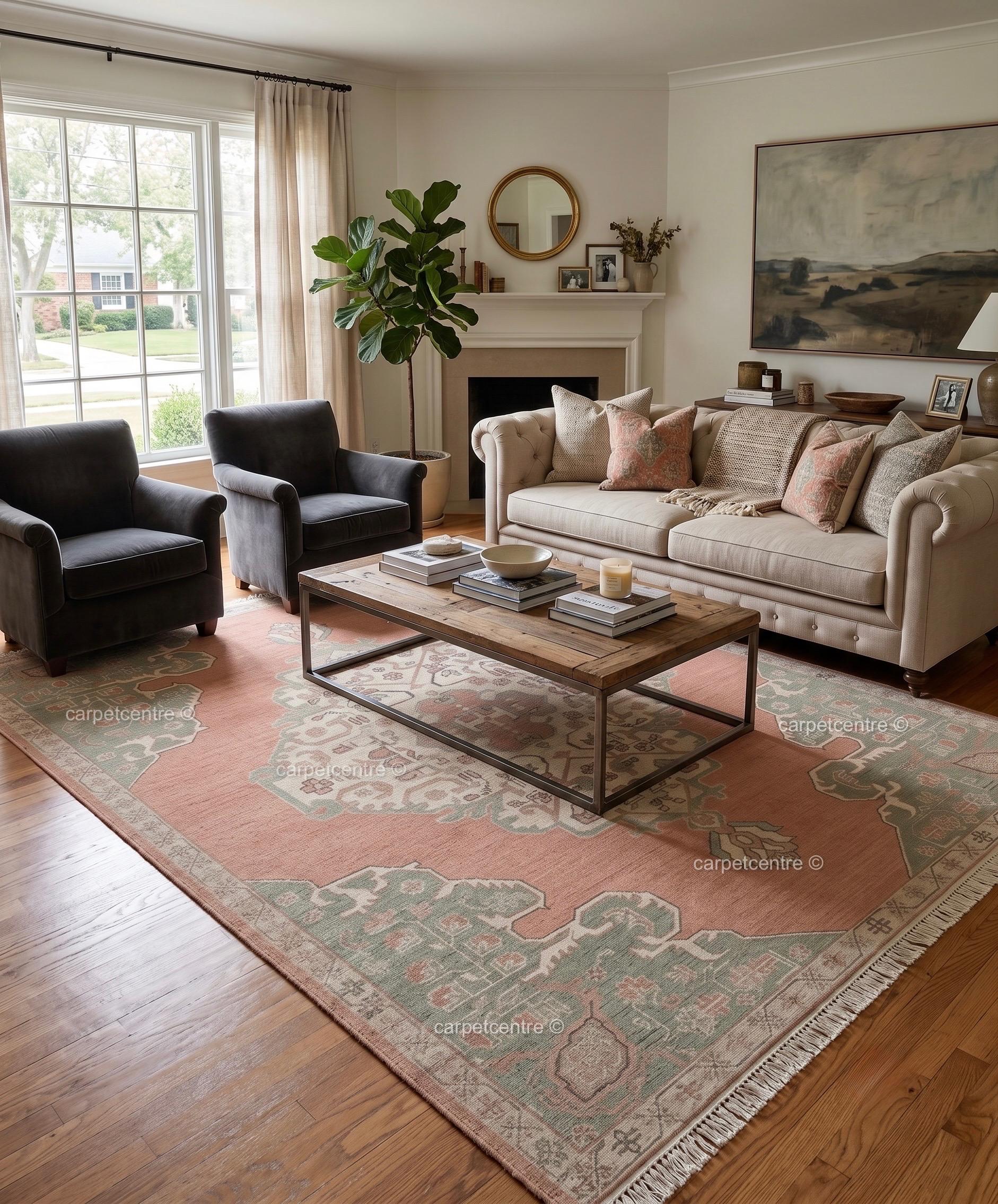Hand Knotted Oushak Rug: Dusty Rose, Sage Green, New Zealand Wool Carpet
