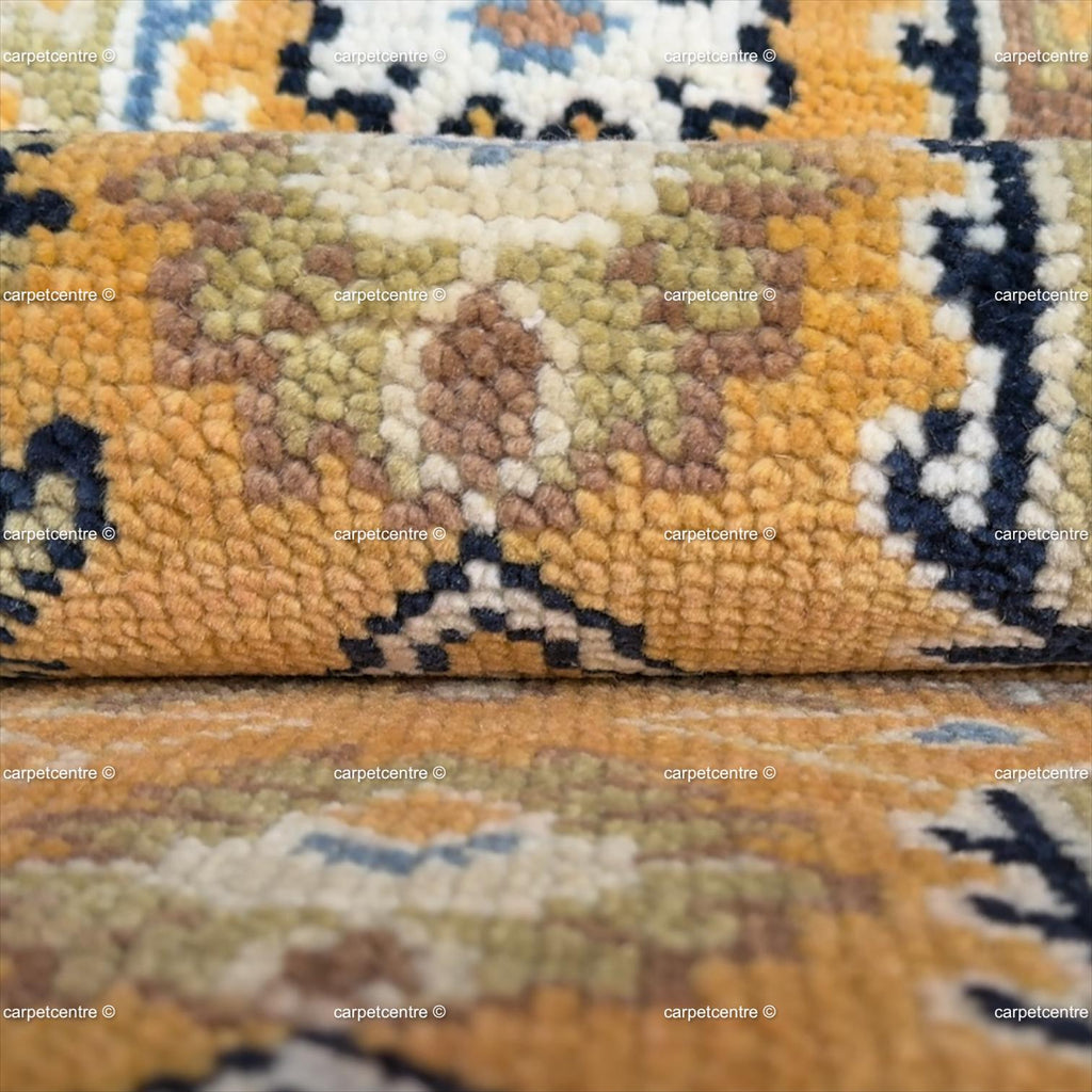 Yellow Oushak Hand-Knotted Wool Runner, Traditional Persian Style Navy Border Rug