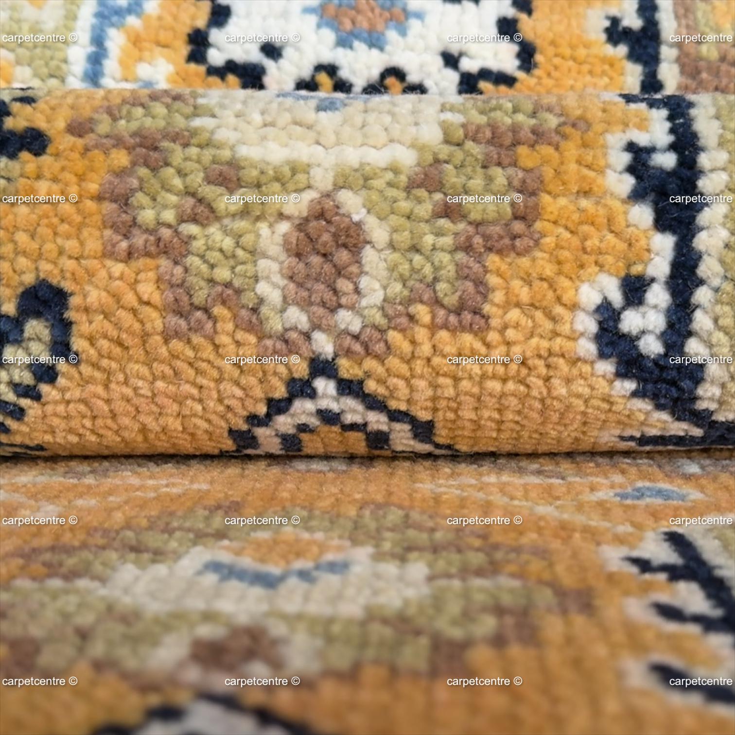 Yellow Oushak Hand-Knotted Wool Runner, Traditional Persian Style Navy Border Rug