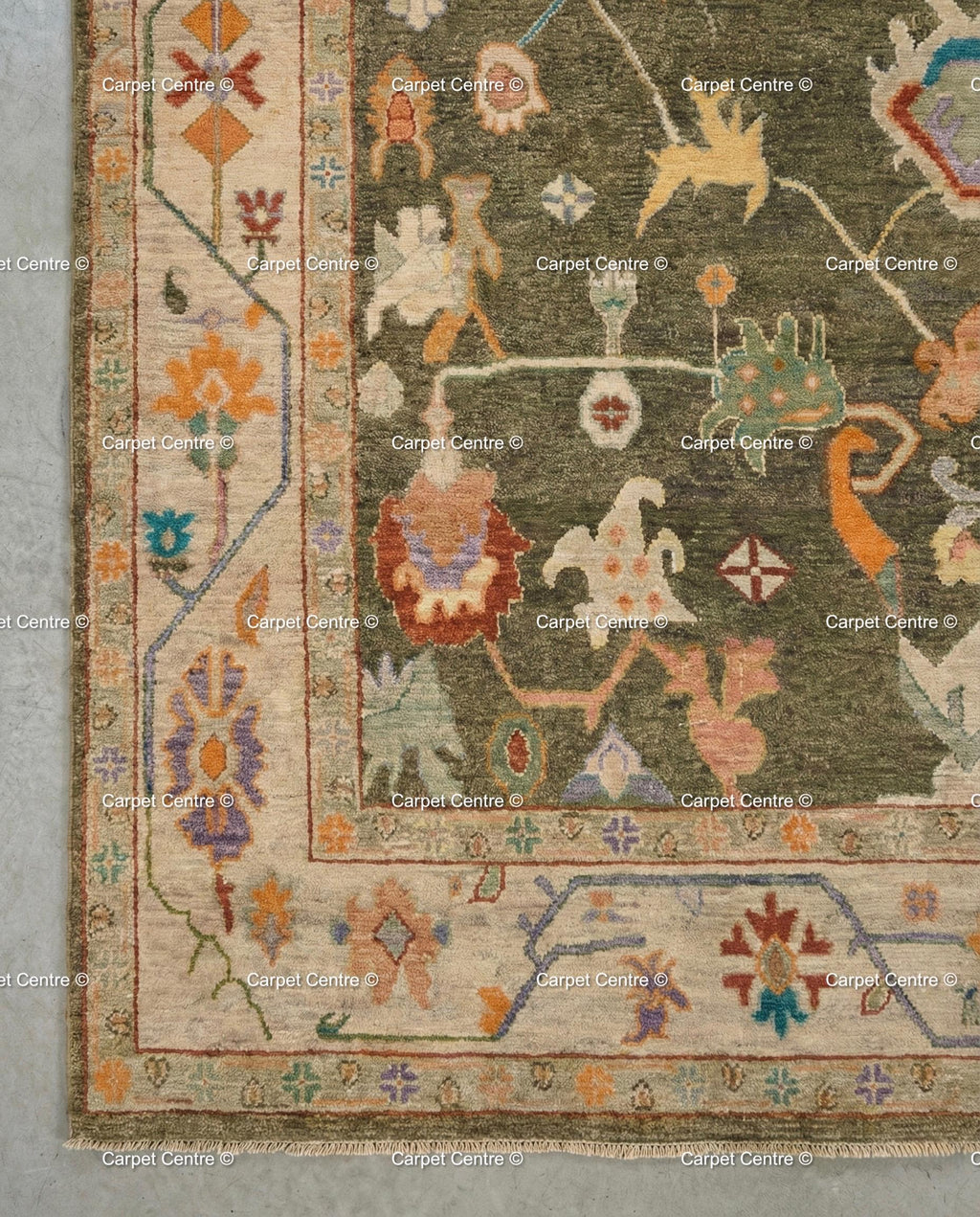 Hand-Knotted Wool Oushak Rug, Moss Green, Tribal Geometric Design