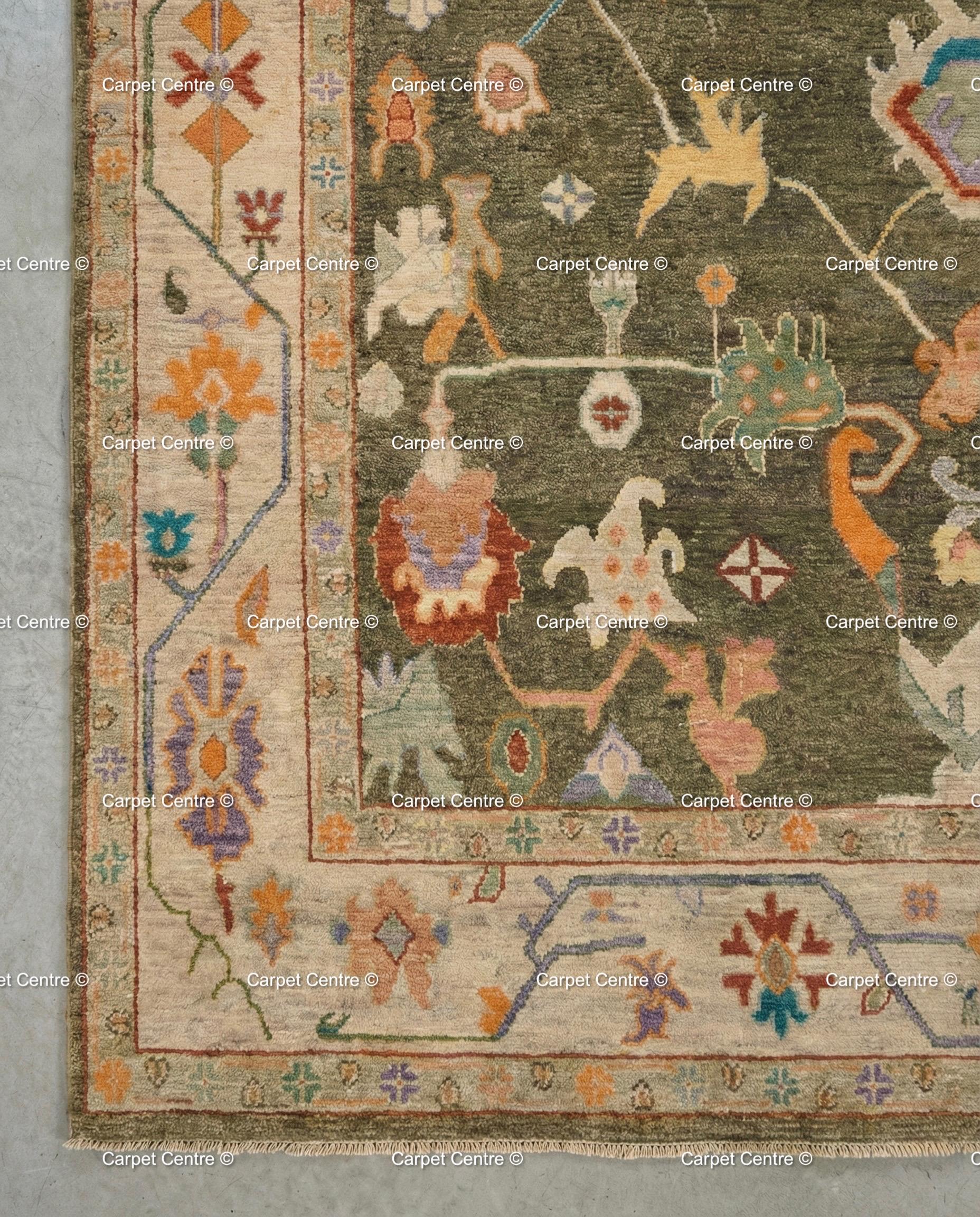 Hand-Knotted Wool Oushak Rug, Moss Green, Tribal Geometric Design