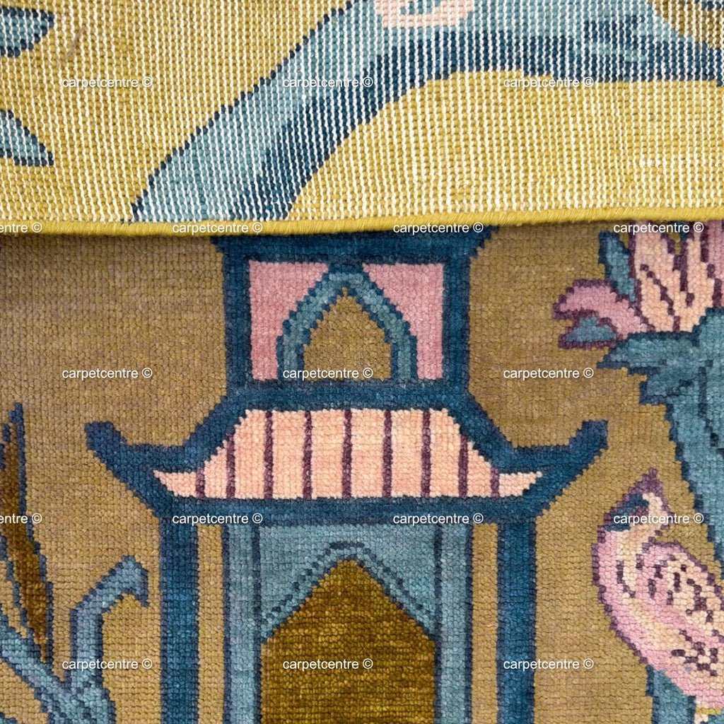 Olive Green Chinoiserie Wool Rug, Hand-Knotted Bird Pagoda Design