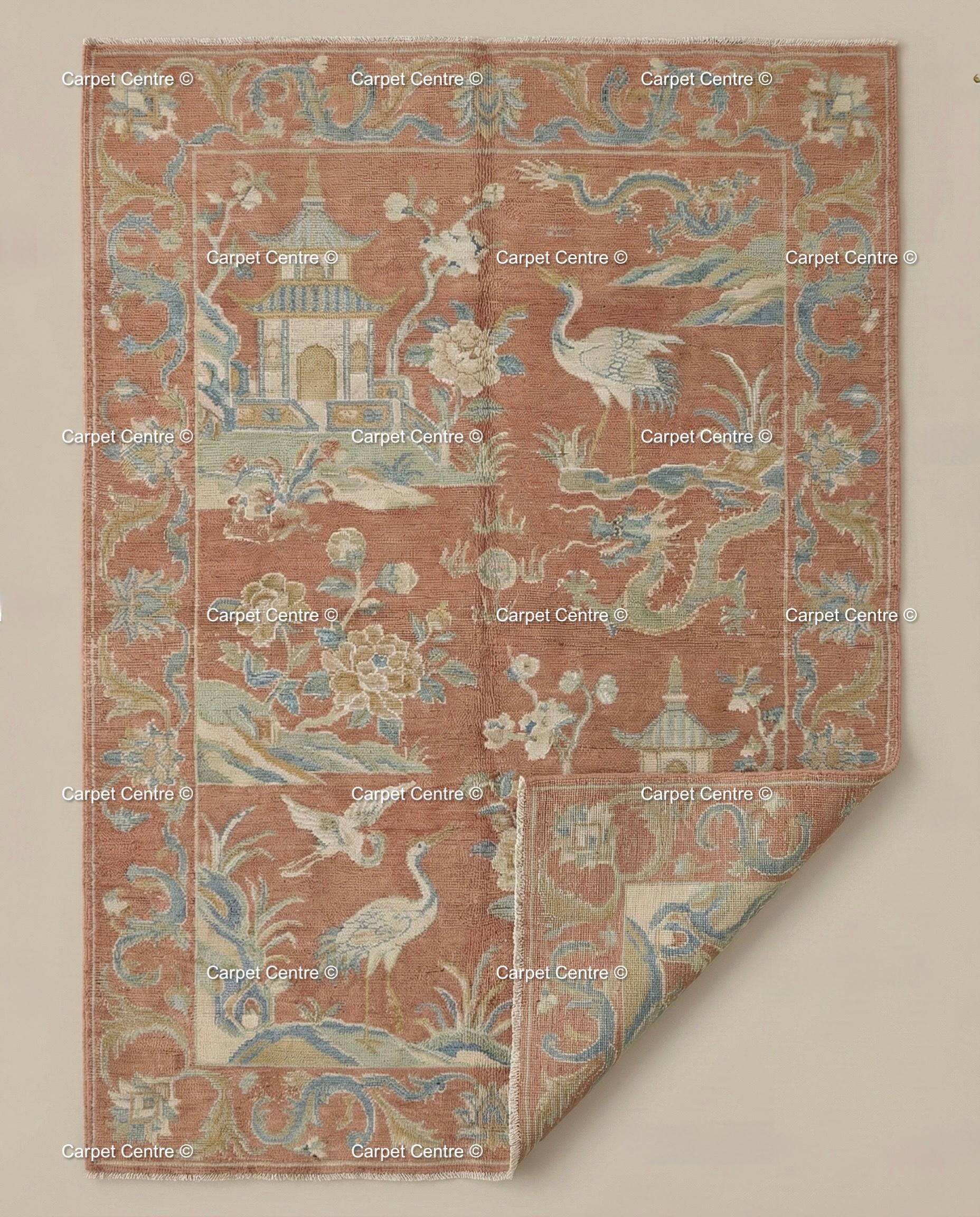 Terracotta Chinoiserie Wool Rug, Hand Knotted Oushak, Dragon Crane Motif