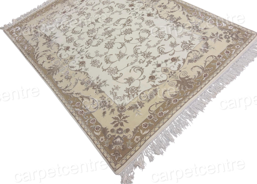 Hand Knotted Beige Persian Wool Rug | Art Silk Floral, 7'11" x 5'8"