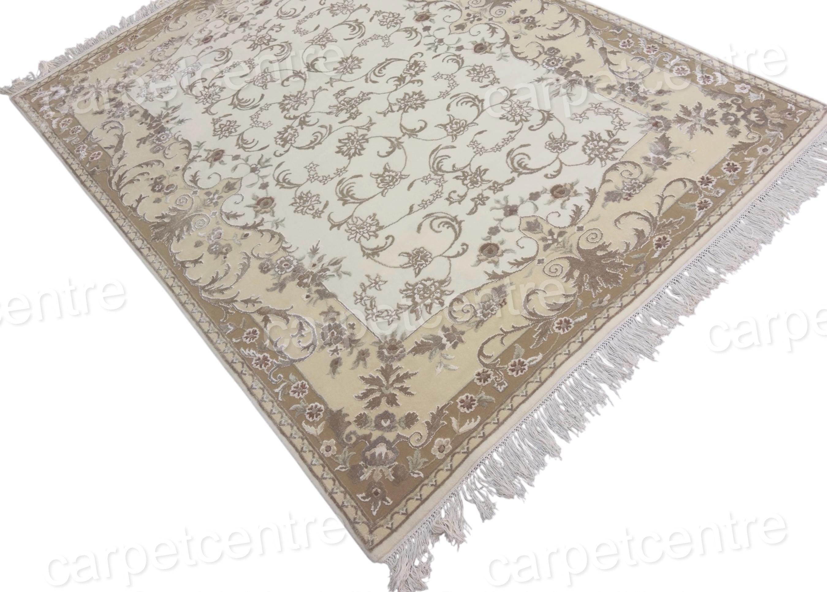 Hand Knotted Beige Persian Wool Rug | Art Silk Floral, 7'11" x 5'8"