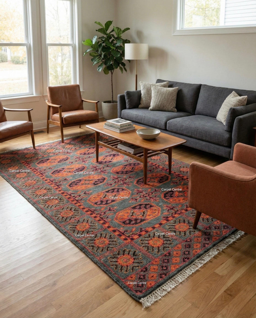 Teal Oushak Rug, Rust Geometric Kazak, Hand Knotted Wool