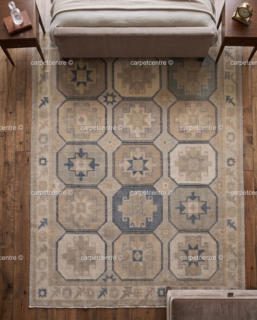 Geometric Oushak Rug | Muted Beige, Tan, Slate Blue Turkish Area Rug | Farmhouse Boho Style
