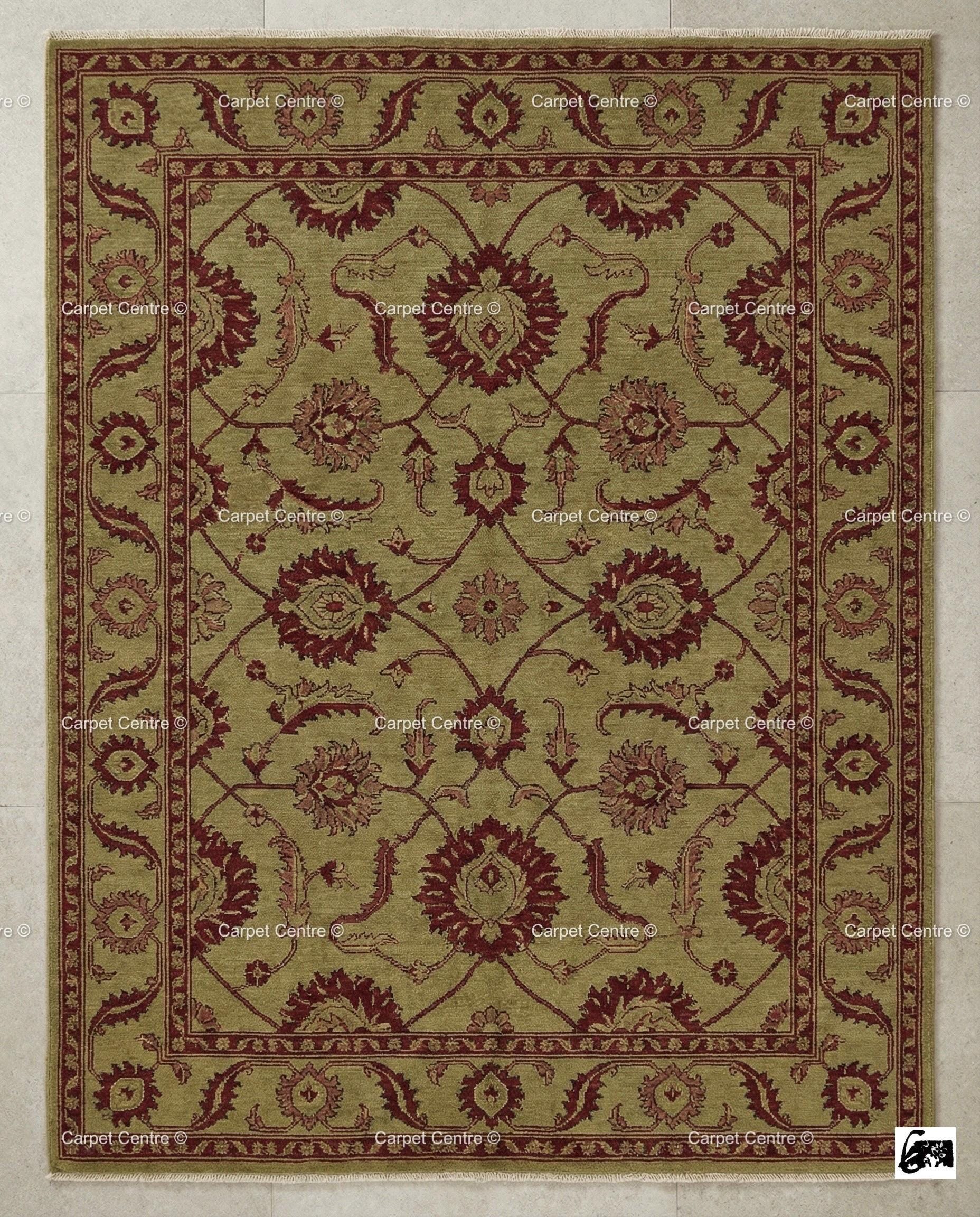 Hand-Knotted Wool Oushak Rug, Sage Green Floral, Arts & Crafts Style