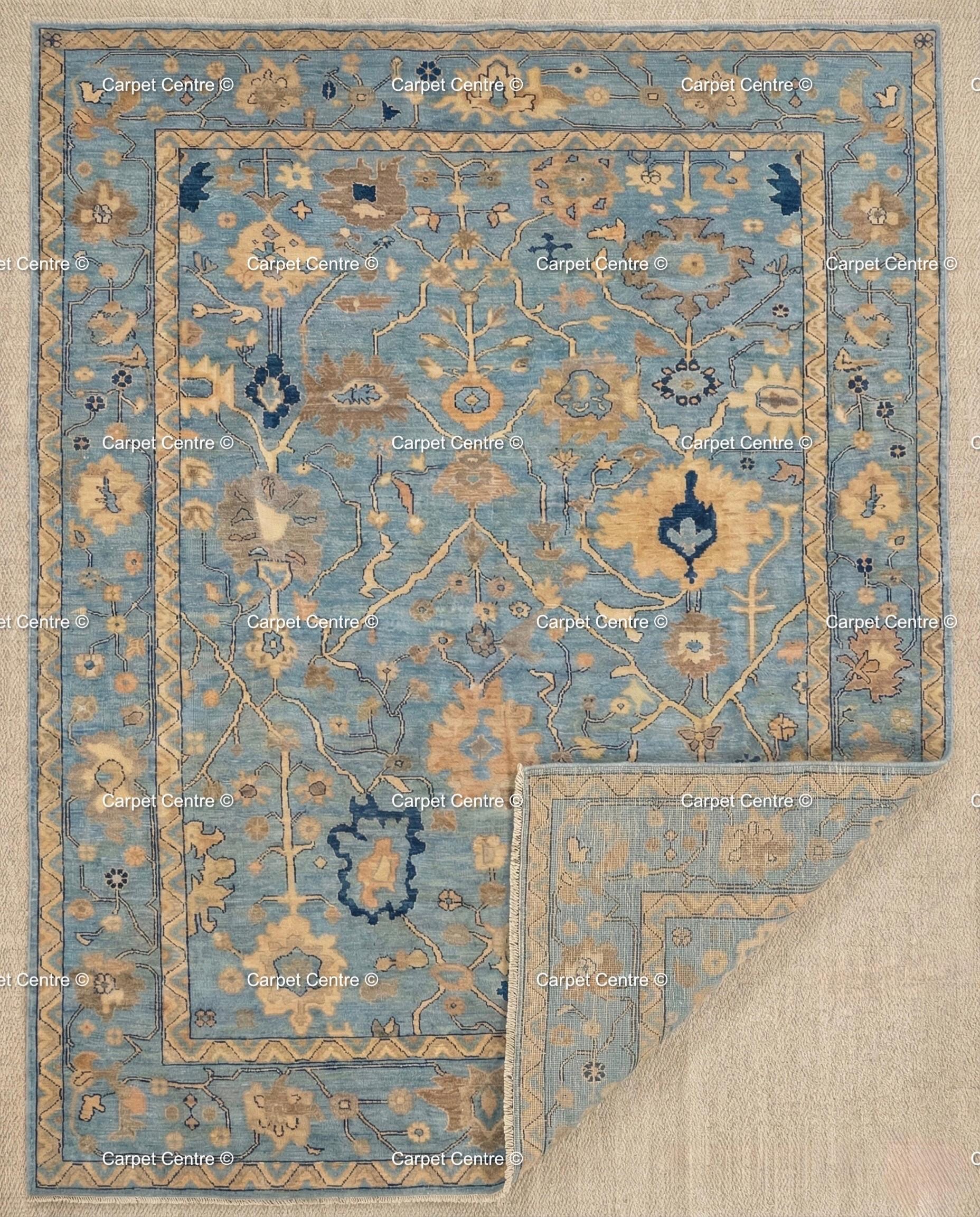 Hand Knotted Wool Oushak Rug, Soft Blue Coastal Decor