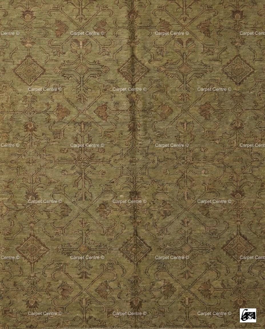 Hand Knotted Wool Oushak Rug, Muted Olive Green Geometric Carpet
