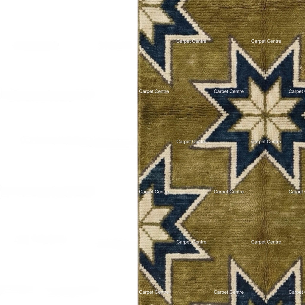 Olive Green Wool Runner Rug, Turkish Knot Star Pattern