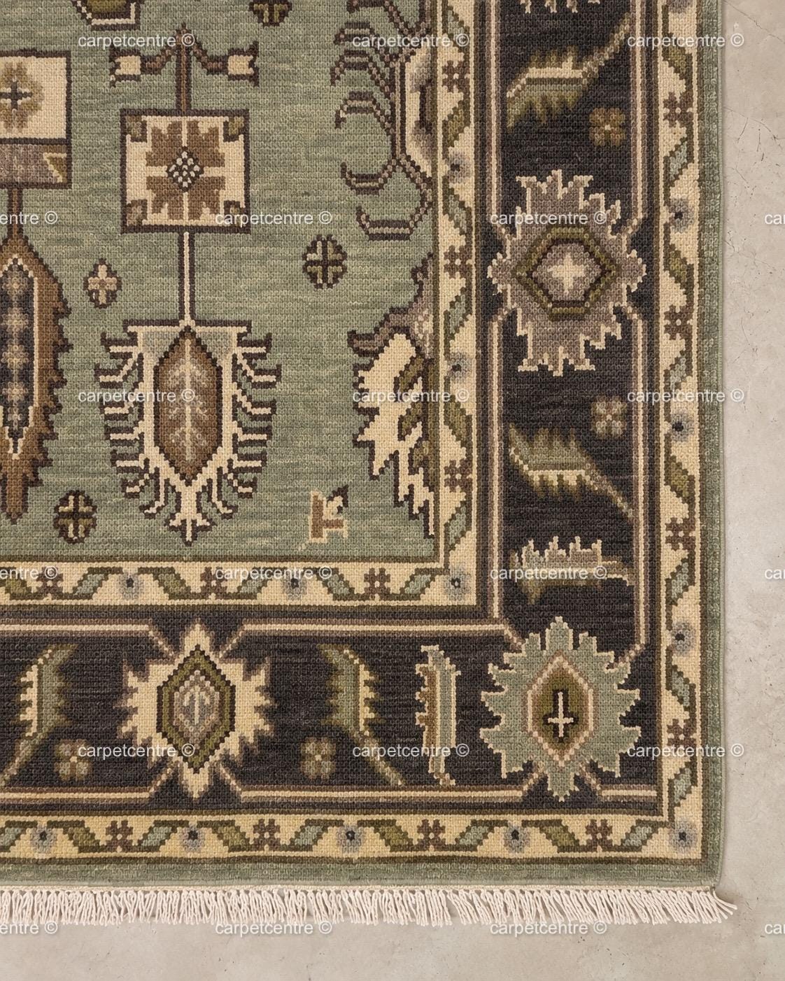Hand Knotted Oushak Rug, Sage Green Wool Botanical Tribal Carpet