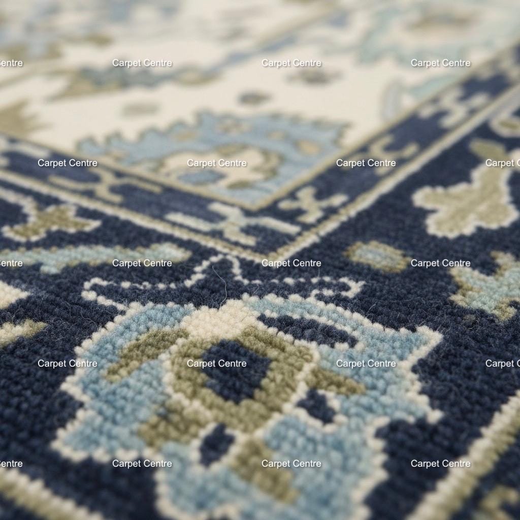 Hand-Knotted Ivory Oushak Rug, Navy Border, Handspun Wool