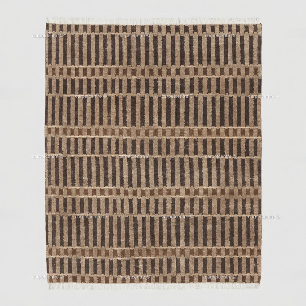 Hand Knotted Wool Rug: Modern Striped, New Zealand Wool, Turkish Knot, Brown Beige Carpet