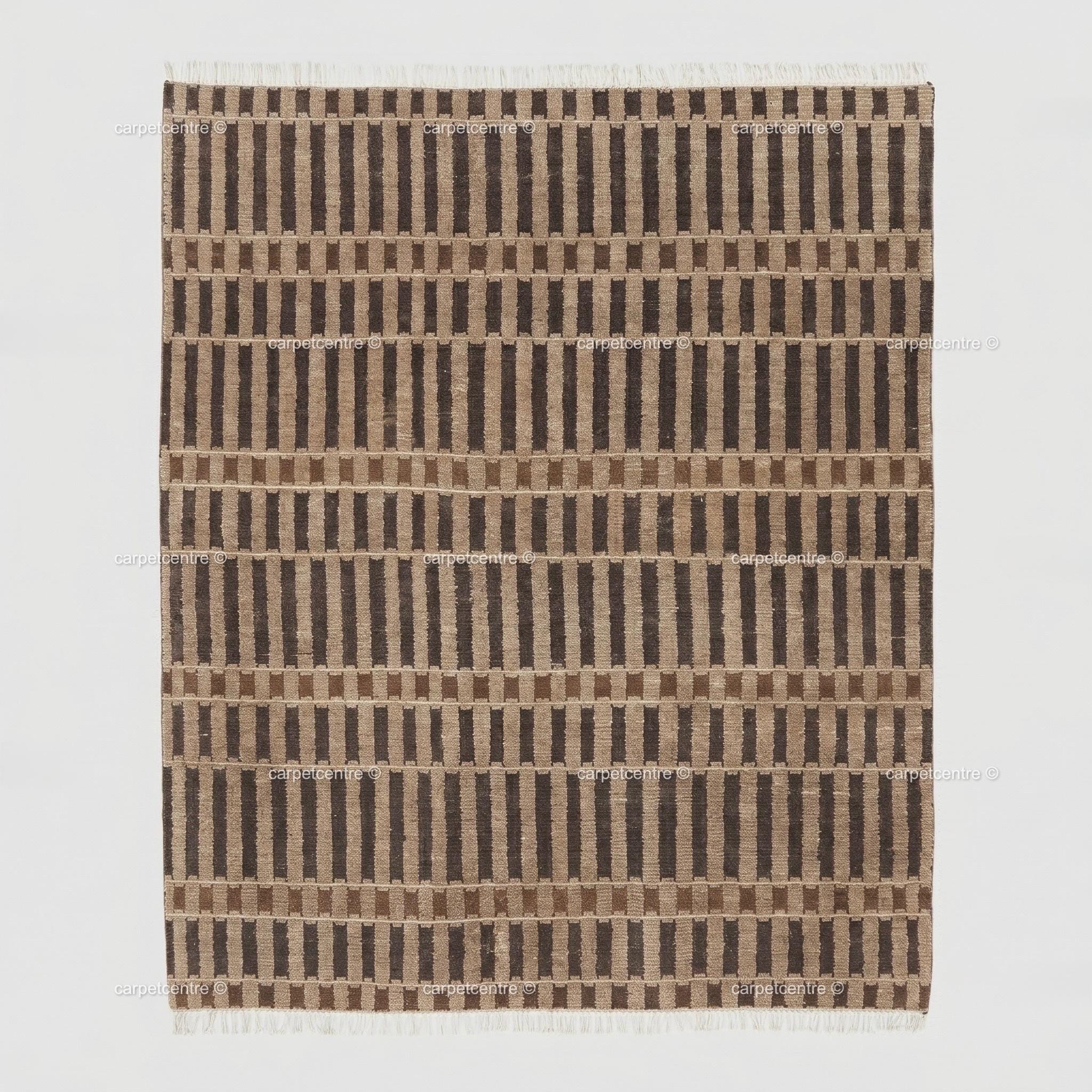 Hand Knotted Wool Rug: Modern Striped, New Zealand Wool, Turkish Knot, Brown Beige Carpet
