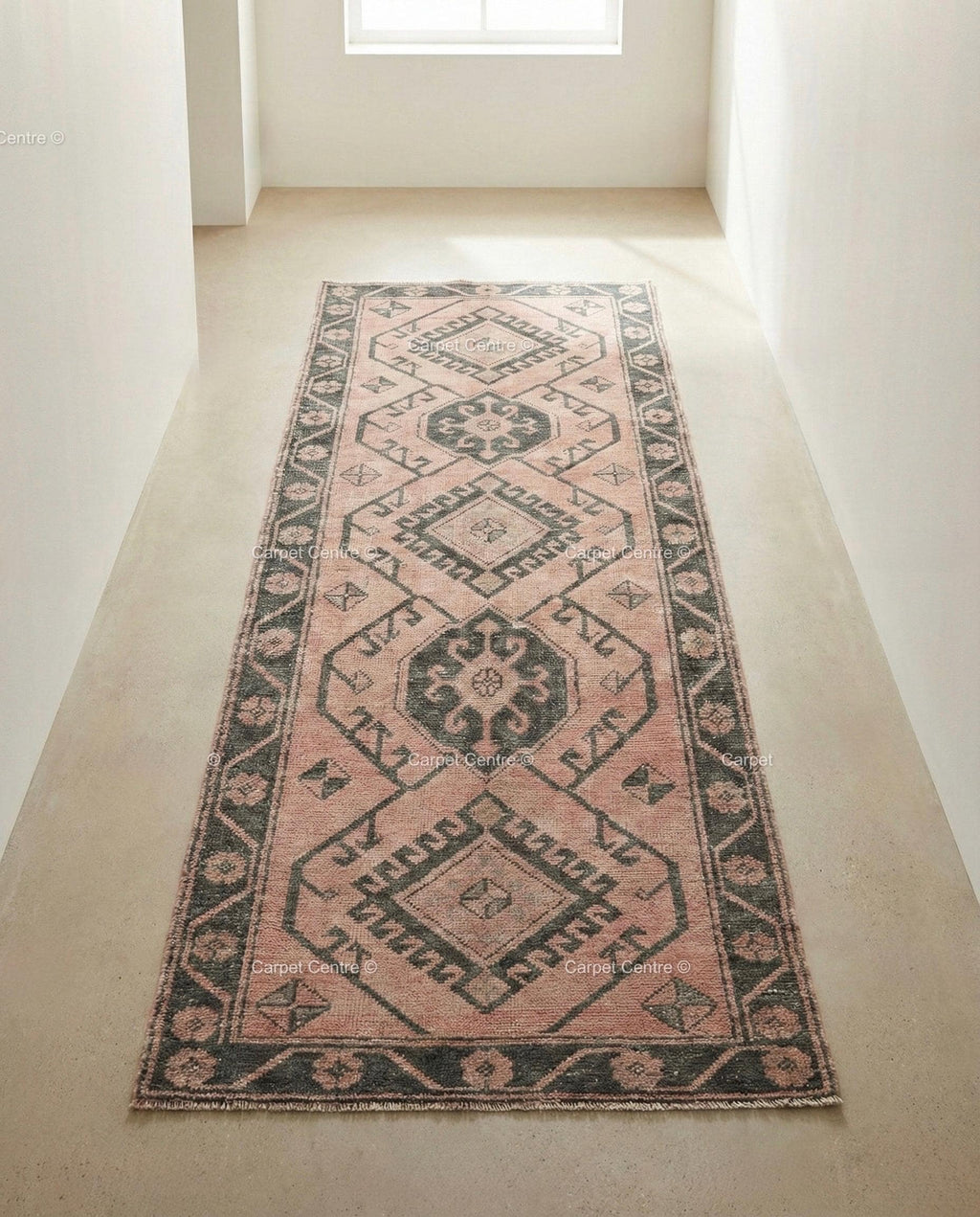 Muted Pink Oushak Turkish Runner, Hand-Knotted Wool Geometric Rug, Boho Hallway Mat
