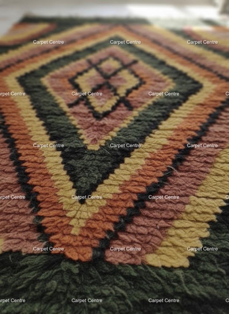 Green Moroccan Shag Rug, Hand-Knotted Wool, Geometric Diamond, Boho Style