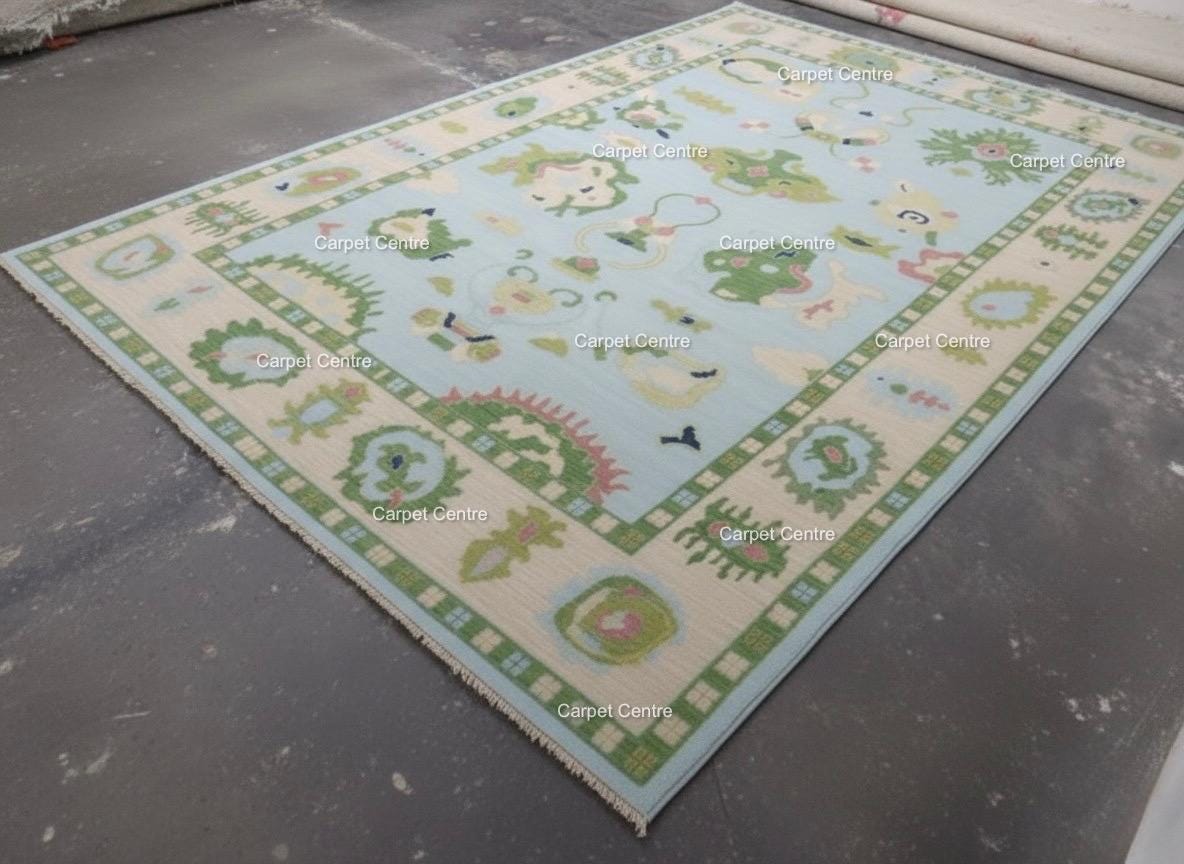 Handmade Oushak Wool Rug: Aqua Blue & Sage Green, Abstract Design