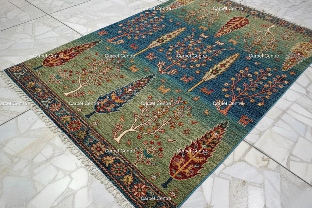 Hand-Knotted Wool Rug, Tree of Life Garden Design, Blue Green Abrash