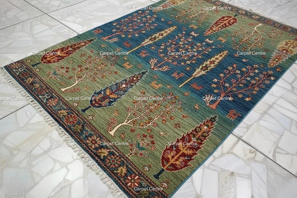 Hand-Knotted Wool Rug, Tree of Life Garden Design, Blue Green Abrash
