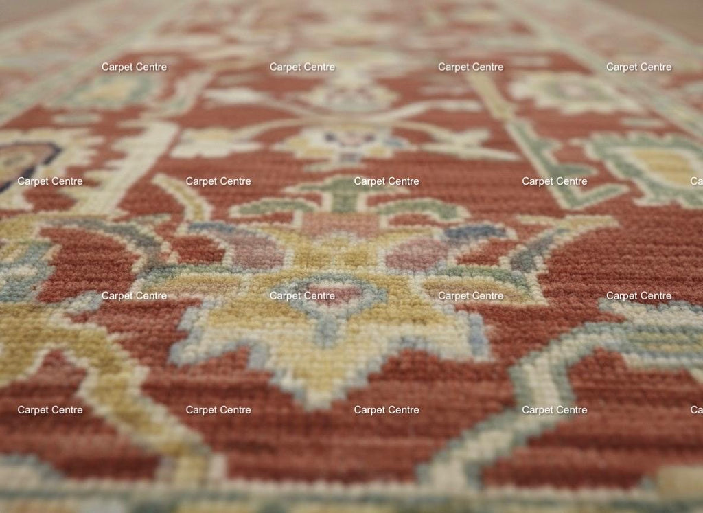 Hand-Knotted Terracotta Wool Runner Rug, Oushak Heriz Style, 2x10
