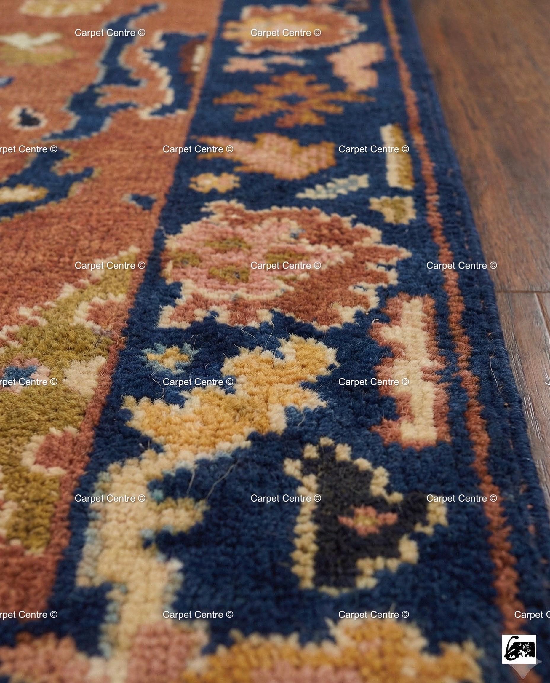 Hand Knotted Wool Runner Rug, Rust Navy Geometric Oushak, Boho Southwestern Decor