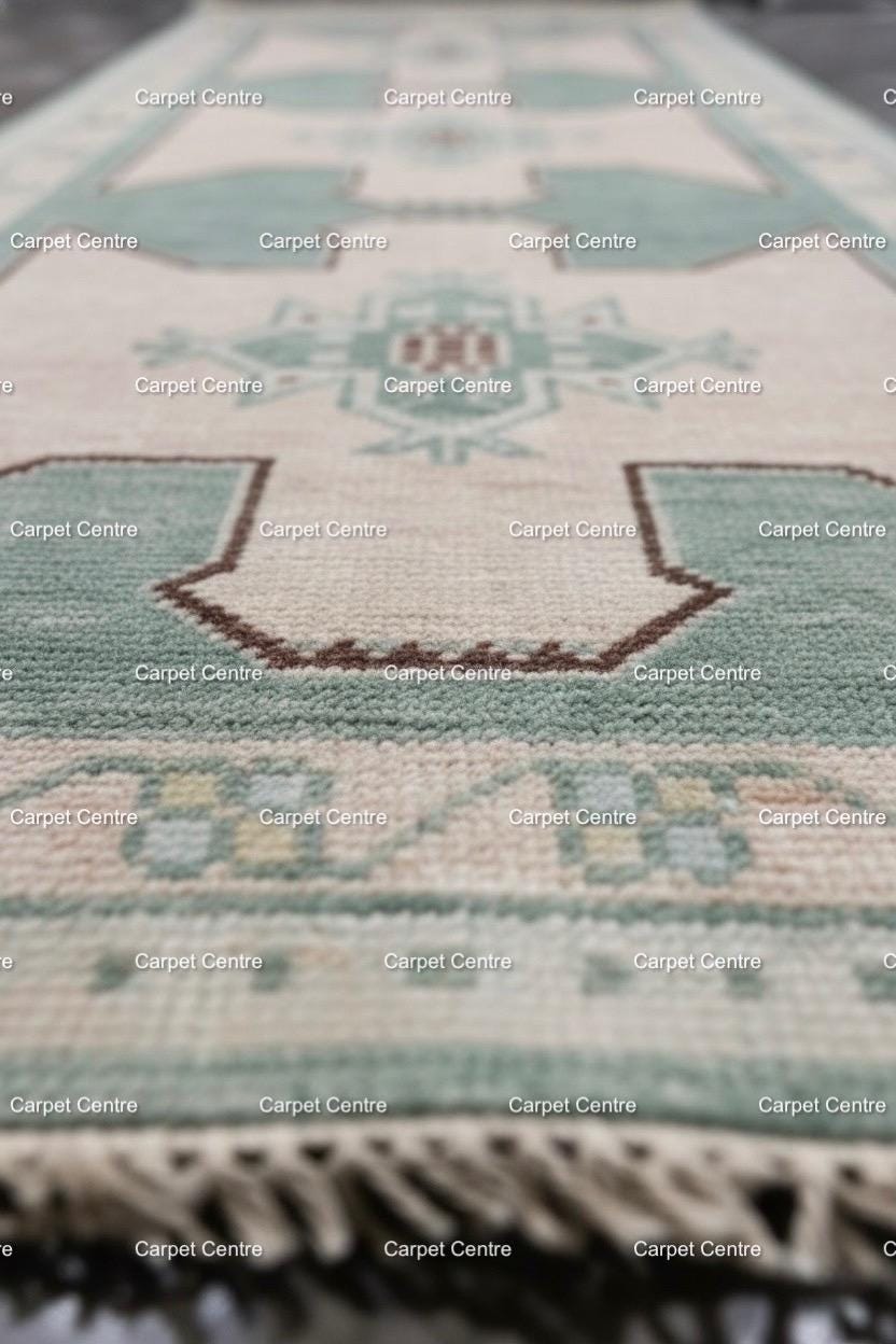 Hand Knotted Oushak Wool Runner Rug | Mint Green Geometric Design
