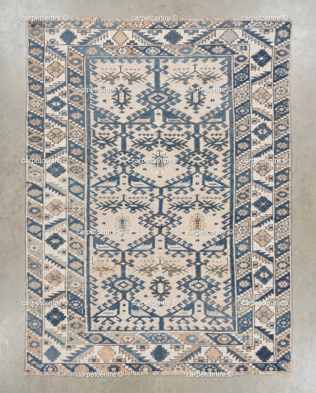 Vintage Oushak Rug | Geometric Anatolian Wool Carpet, Blue Cream Boho Tribal Area Rug