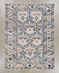 Vintage Oushak Rug | Geometric Anatolian Wool Carpet, Blue Cream Boho Tribal Area Rug