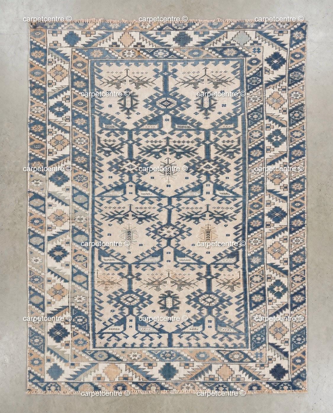 Vintage Oushak Rug | Geometric Anatolian Wool Carpet, Blue Cream Boho Tribal Area Rug