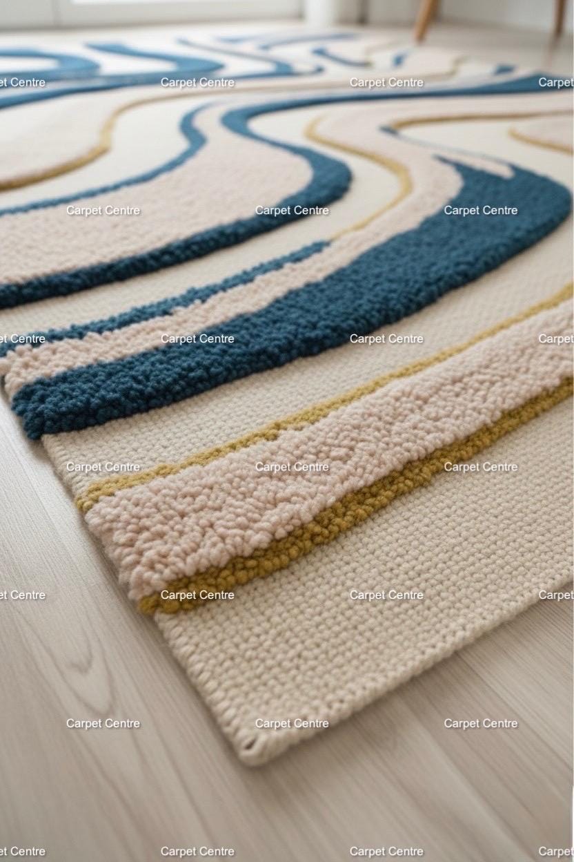 Handmade Teal Wave Wool Rug: Abstract Sculpted Texture