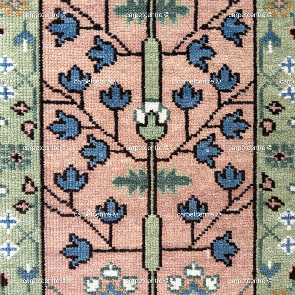 Handmade Wool Runner Rug: Pink and Green Oushak Tree of Life Design