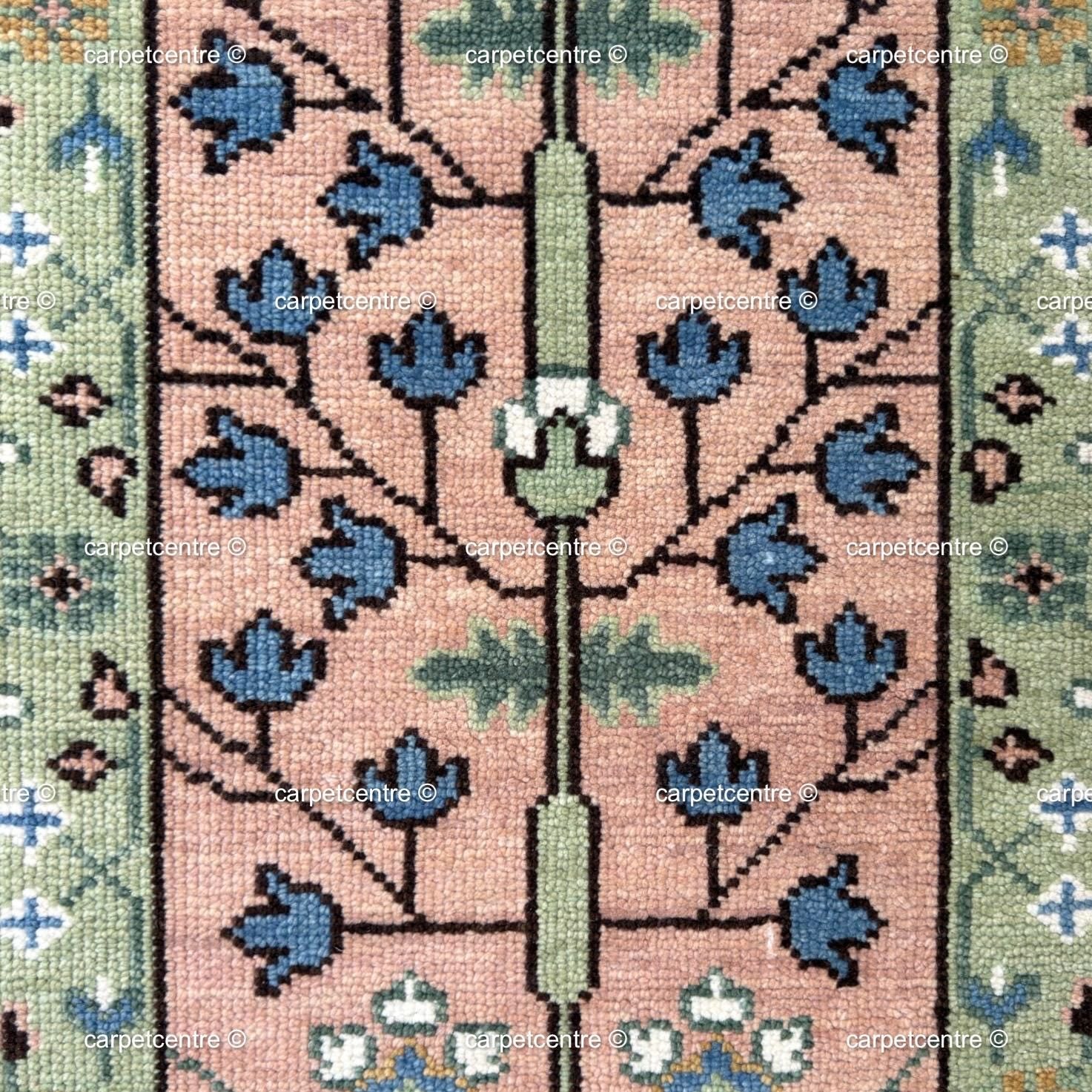 Handmade Wool Runner Rug: Pink and Green Oushak Tree of Life Design