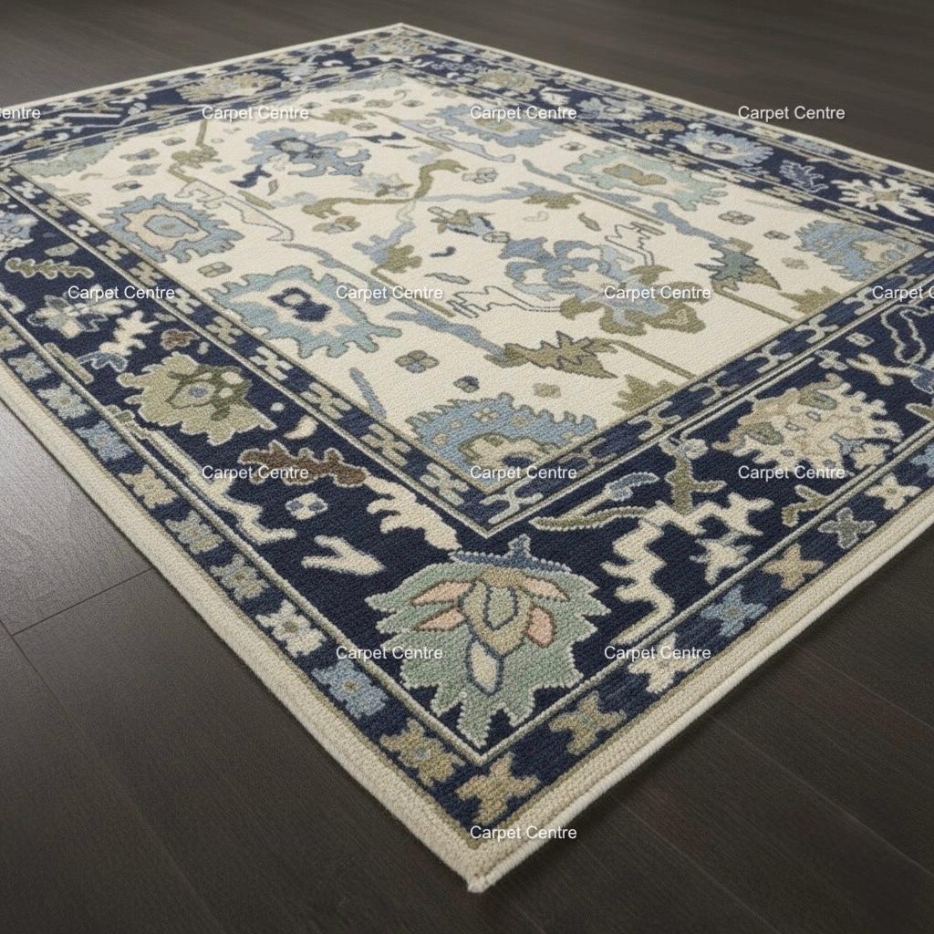 Hand-Knotted Ivory Oushak Rug, Navy Border, Handspun Wool