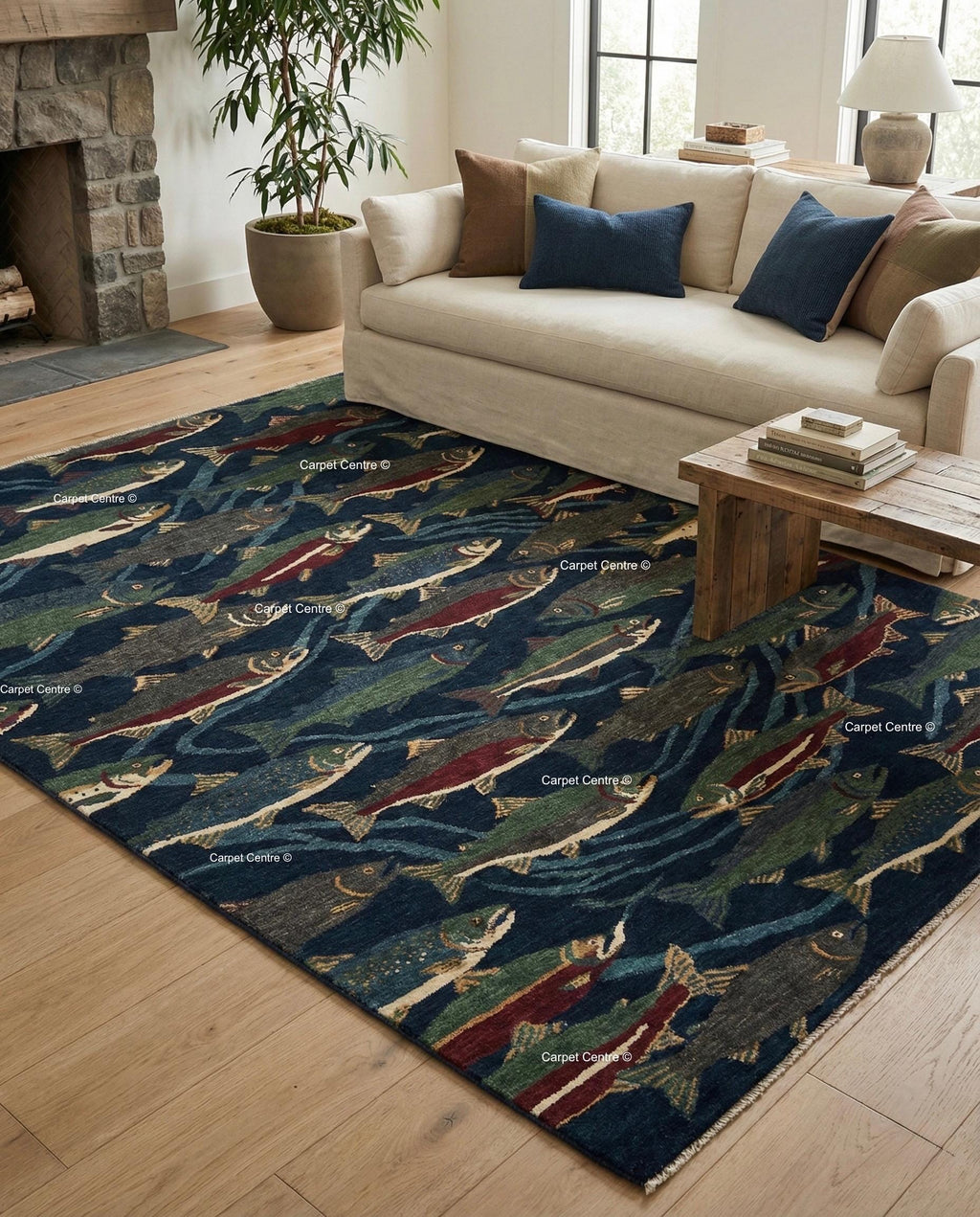 Hand Knotted Oushak Wool Rug, Navy Blue Fish, Cabin Lodge Decor