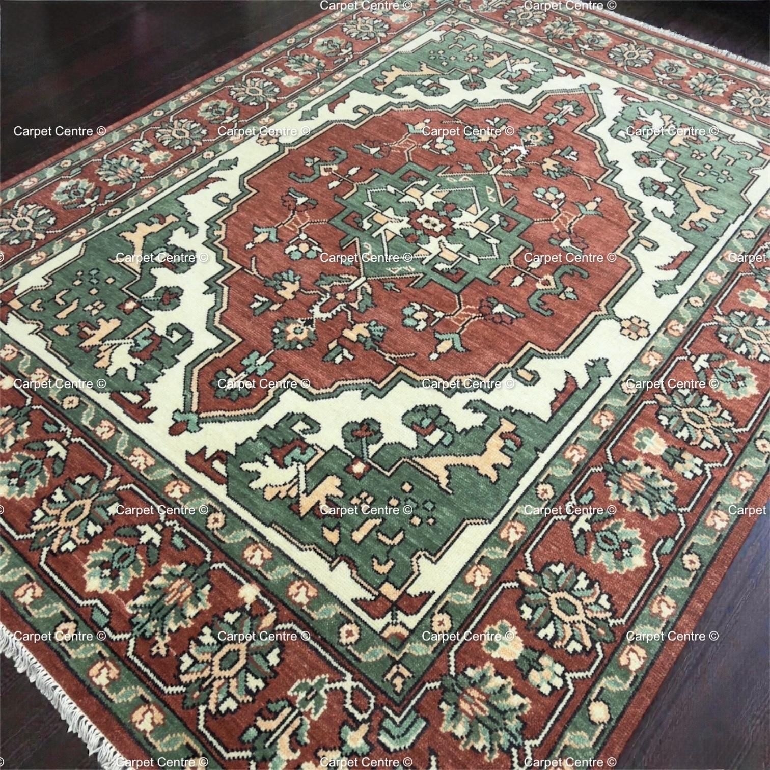 Hand Knotted Kazak Wool Area Oriental Geometric Green and Rust Carpet