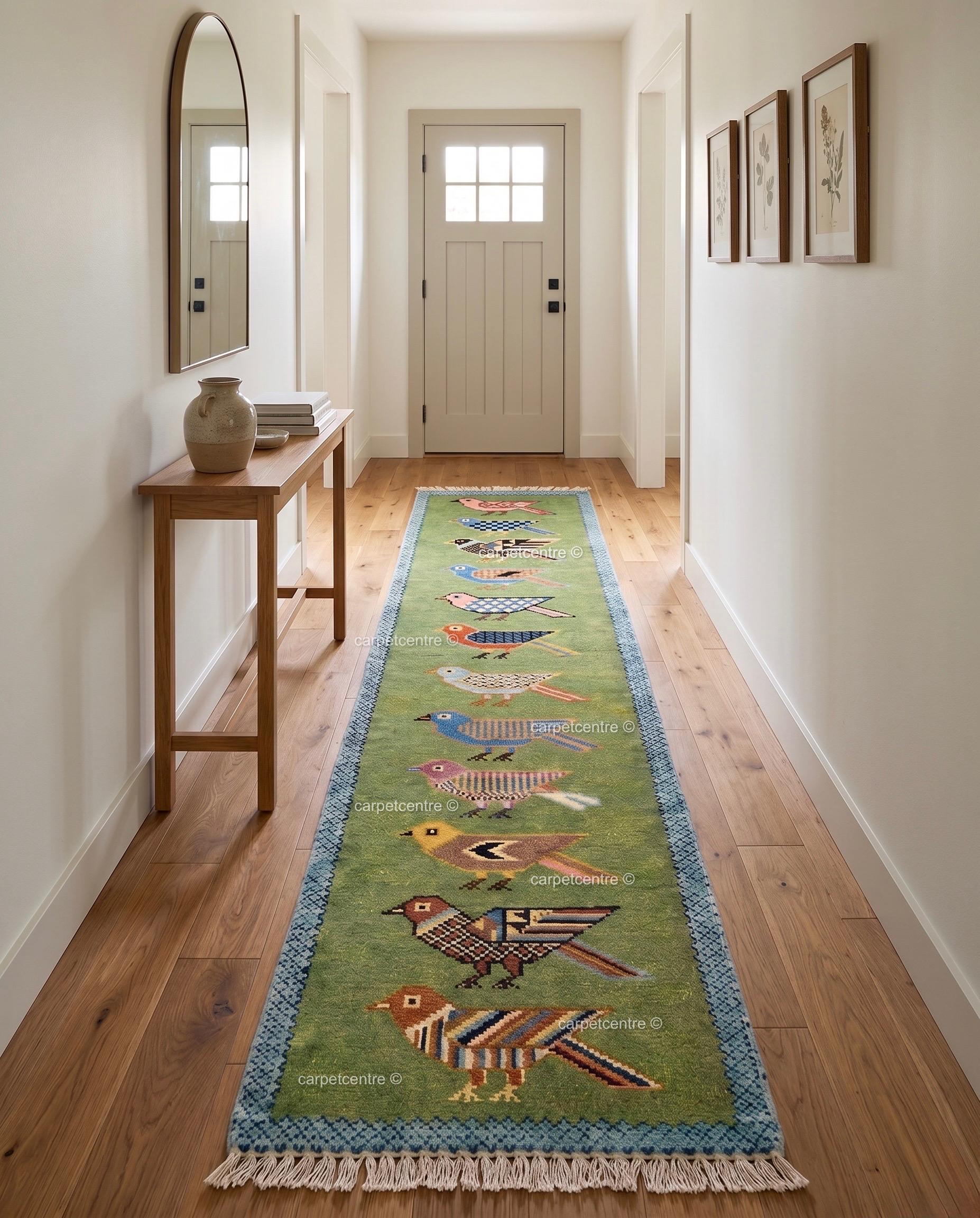 Handmade Wool Runner Rug, Folk Art Bird Design, Olive Green Carpet, Custom Sizes
