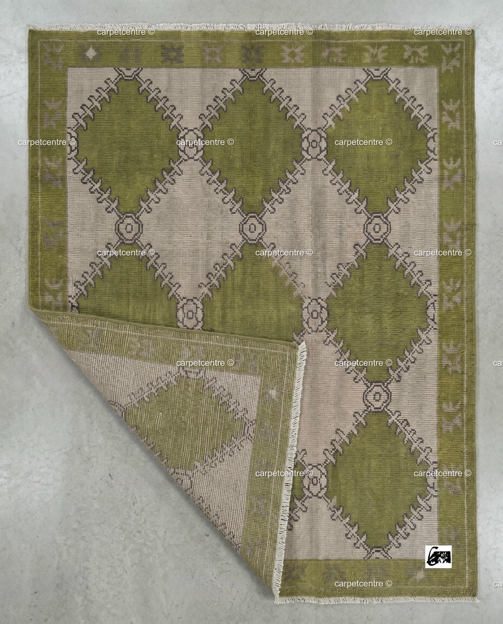 Hand Knotted Oushak Rug, Olive Green Geometric New Zealand Wool Area Rug