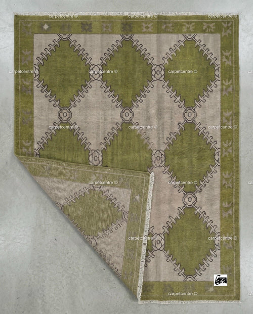 Hand Knotted Oushak Rug, Olive Green Geometric New Zealand Wool Area Rug