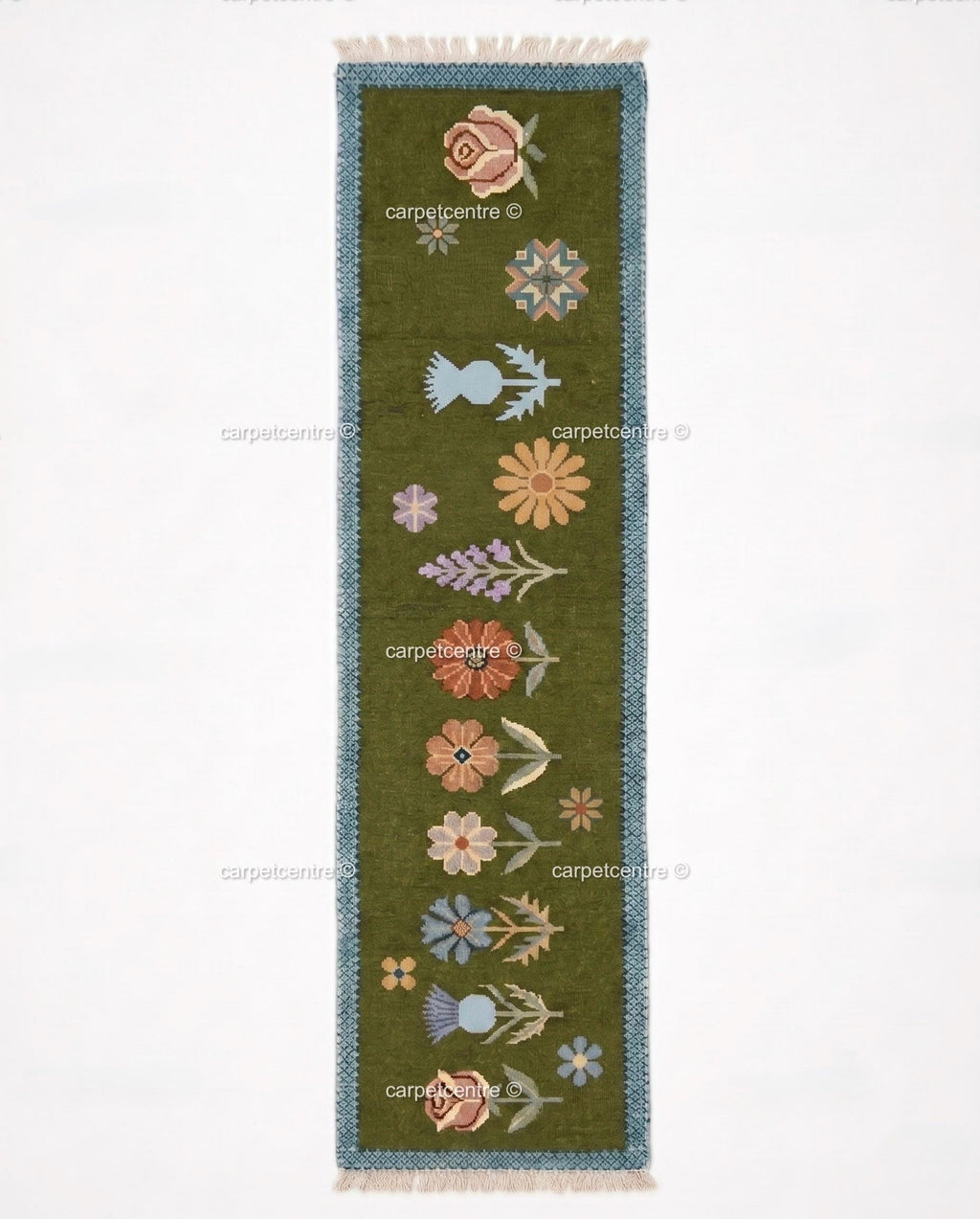 Handmade Wool Runner Rug – Olive Green Wildflower Botanical Carpet (Custom Sizes)