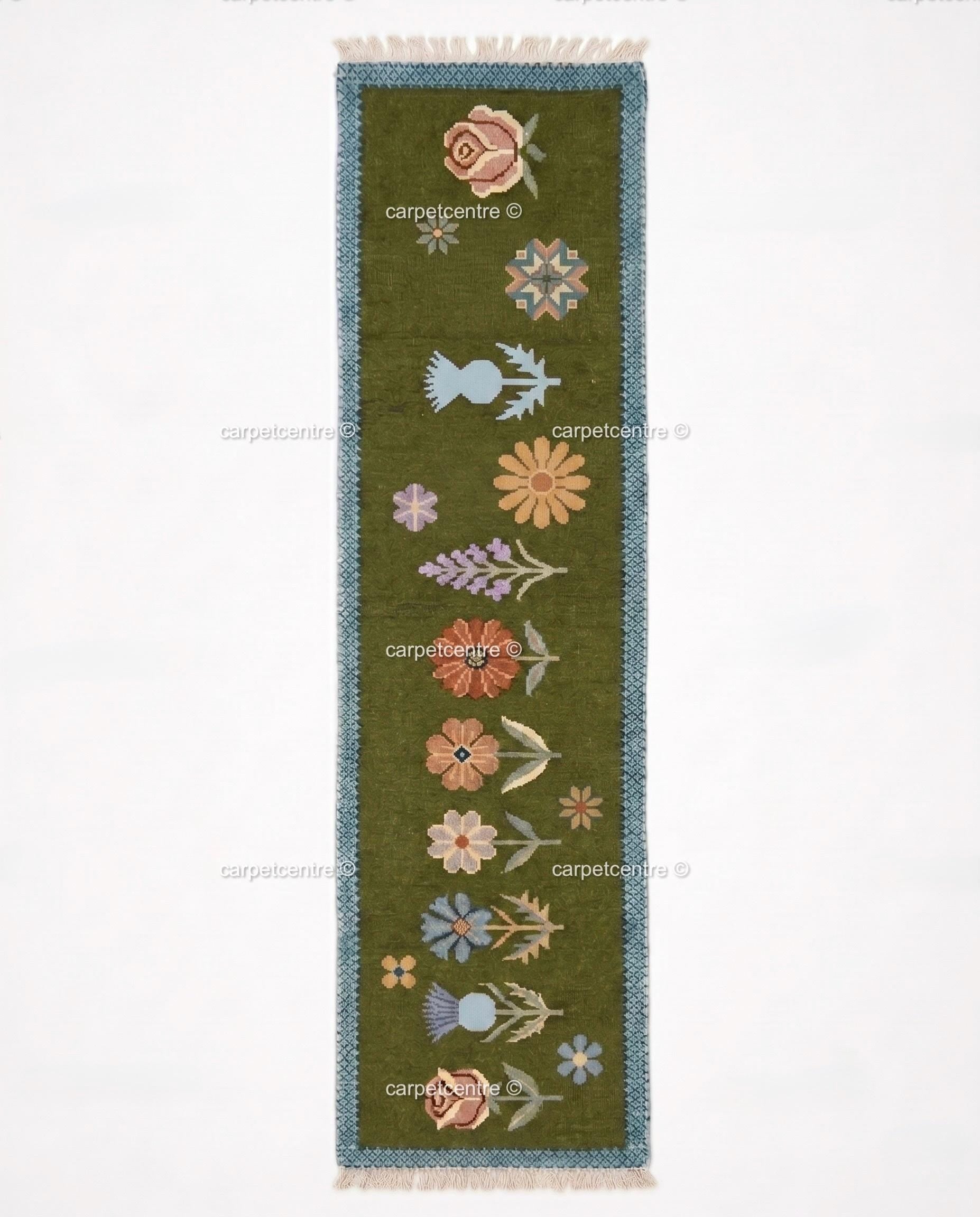 Handmade Wool Runner Rug – Olive Green Wildflower Botanical Carpet (Custom Sizes)