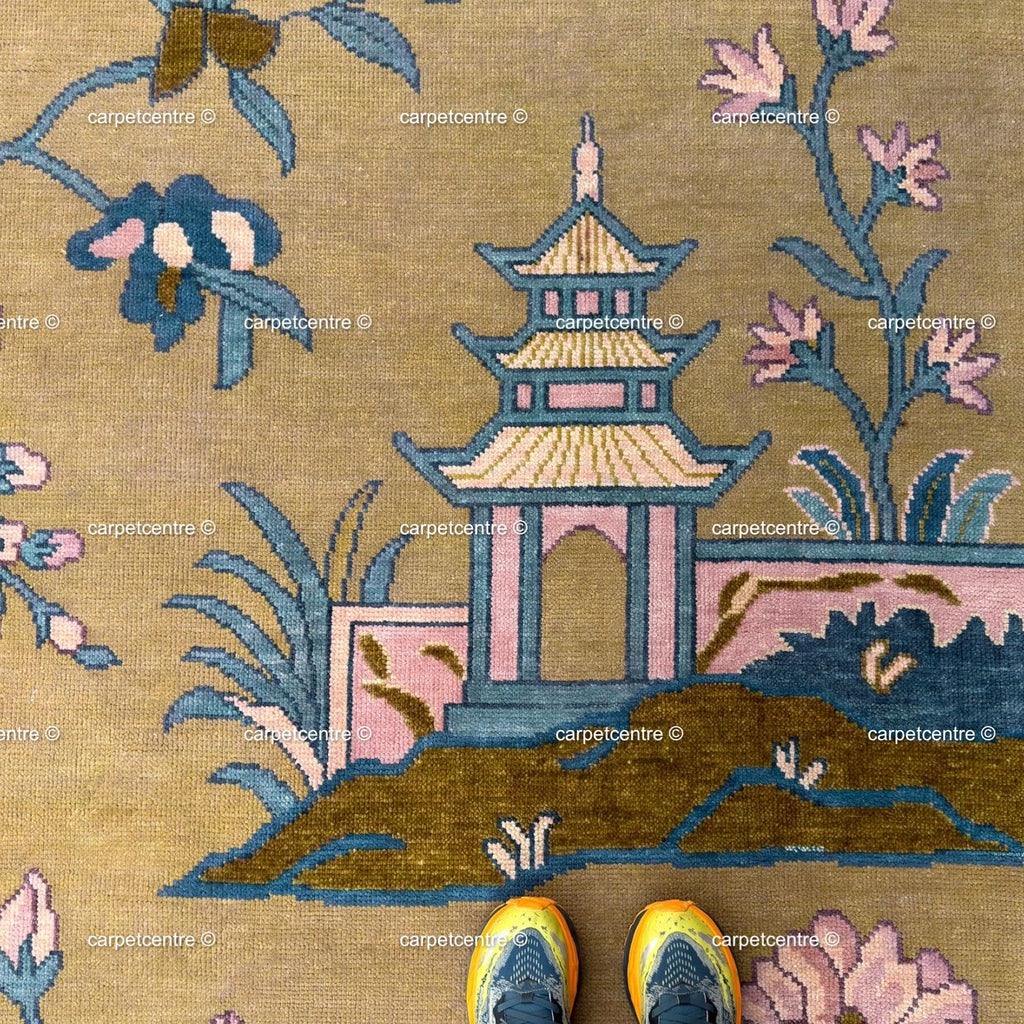 Olive Green Chinoiserie Wool Rug, Hand-Knotted Bird Pagoda Design